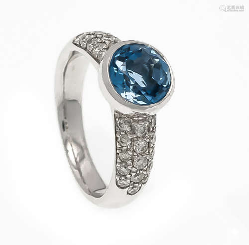 Blautopas-Brillant-Ring WG 750/000 mit einem rund fac. Blautopas 7,5 mm und Brillanten,zus. 0,63