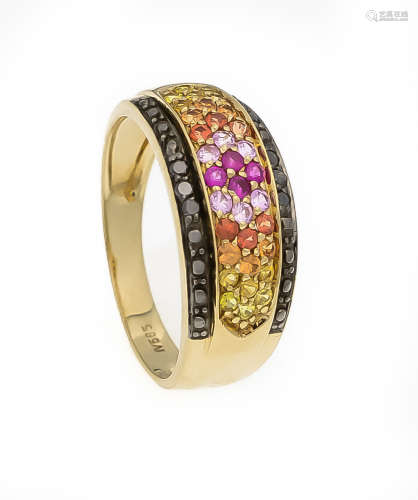 Multicolor-Saphir-Ring GG 585/000 mit rund fac., pinken, orangen und gelben Saphiren 1,8mm in sehr