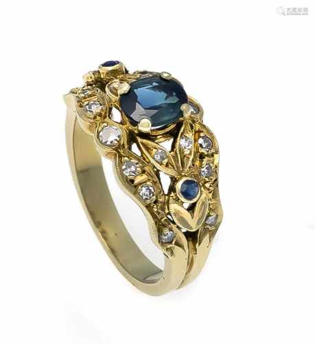 Saphir-Diamant-Ring GG 585/000 mit einem oval fac. Saphir 6,7 x 5,6 mm in guter Farbe