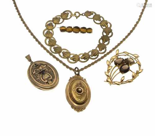 Konvolut Schmuck um 1900 Schaumgold und Double, 2 Medaillonanhänger L. 51 und 48 mm, 2Broschen mit