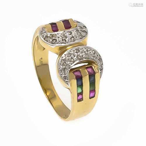 Multicolor-Diamant-Ring GG/WG 585/000 mit Rubin-, Smaragd- und Saphir-Carrés 1,5 mm undDiamanten,