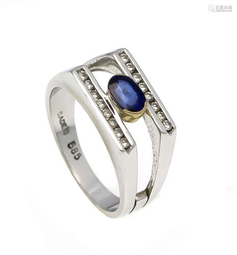 Saphir-Brillant-Ring WG/GG 585/000 mit einem oval fac. Saphir 6 x 4 mm in sehr guterFarbe, sowie