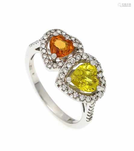 Saphir-Herz-Brillant-Ring WG 750/000 mit je einem gelben und orangenen Saphir-Herz 6 - 5mm in sehr