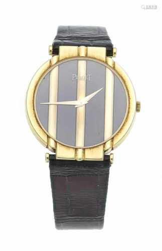 Piaget Herrenuhr Quarz, GG 750/000, Mod. 8673/519070, schwarzes Zifferblatt mit goldenenBalken,