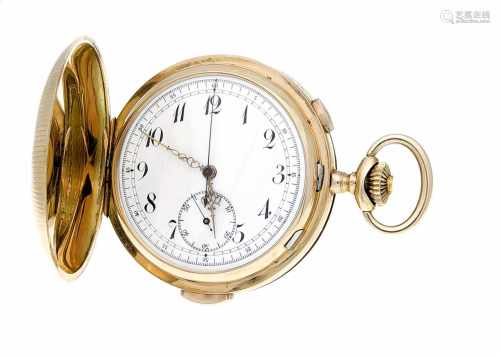 Sprungdeckeltaschenuhr Minutenrepetition und Chronograf, 585 GG, 3 Deckel Gold, Aussen