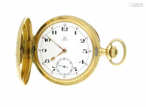 Omega Sprungdeckel Taschenuhrchronometer 750GG, 3 Deckel Gold, Innendeckel mit Gravur fürtreue