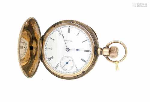 Ilinois Watch Co. Sprungdeckeltaschenuhr, GG 585/000, 3 Deckel Gold, weißesEmaillezifferblatt mit