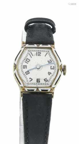 Damenuhr, Art Deco, mit weiß/schwarzer Emaille verziert, GG 585/000, Handaufzug, UhrwerkETA läuft