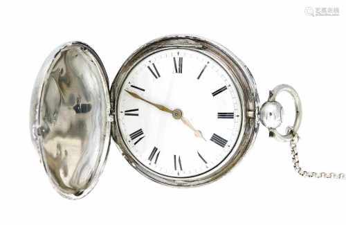 Silberne Spindeltaschenuhr mit 3 Deckel, Uhrwerk läuft an, bez. Sam Hen Leah ( 1820-47),Deckstein