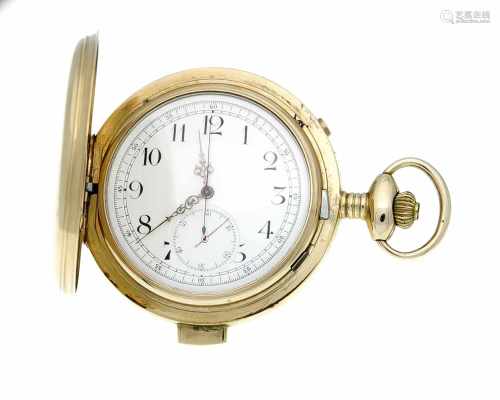 Sprungdeckeltaschenuhr mit Viertestundenrepetition und Chronograf, GG 585/000, 3 DeckelGold, mit
