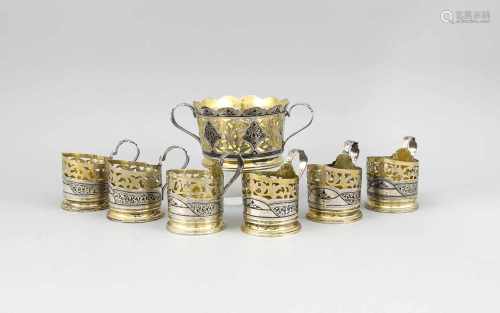 Sechs Teeglashalter, Rußland/Sowjetunion, 20. Jh., Silber 875/000 bzw. punziert,Teilvergoldung,