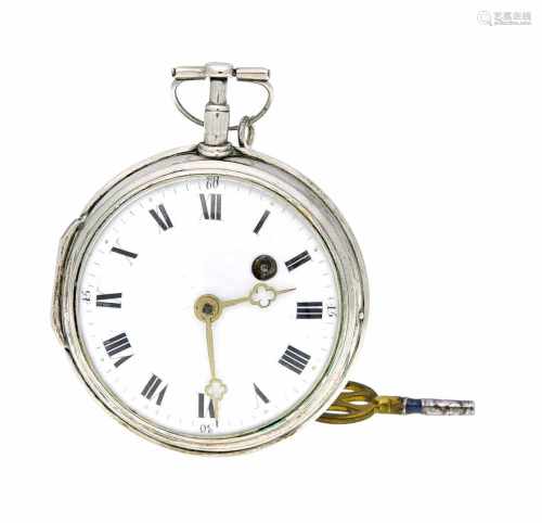 Spindeltschenuhr, Silber, Uhrwerk läuft, weißes Emaille Zifferblatt mit röm. Ziffern,vergoldeten
