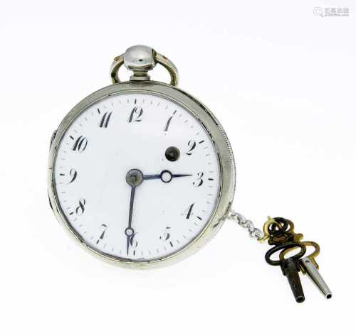 Spindeltaschenuhr Silber ungest., Uhrwerk läuft an, weißes Emaille Zifferblatt mit arab.Ziffern,