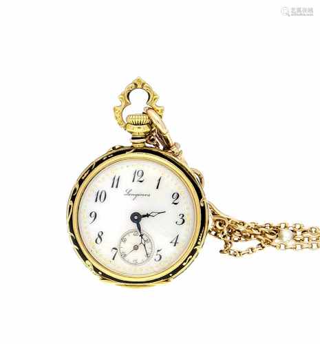 offene Damentaschenuhr Longines 750/000 GG, 2 Deckel Gold, mit Uhrkette Ankermuster GG585/000 und