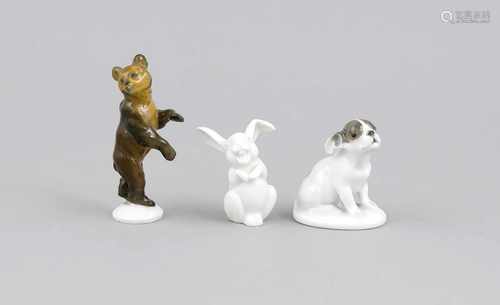 Drei Tierfiguren, Rosenthal, 1920-30er Jahre, stehender Bär, Modellnr. 1978, H. 9,5 cm,sitzende