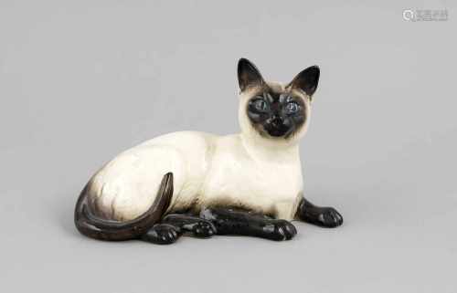 Liegende Siam-Katze, Royal Doulton, England, 20. Jh., farbig staffiert in