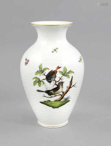 Vase, Herend, Marke nach 1967, Dekor Rothschild, Vogel- und Insektenmalerei,