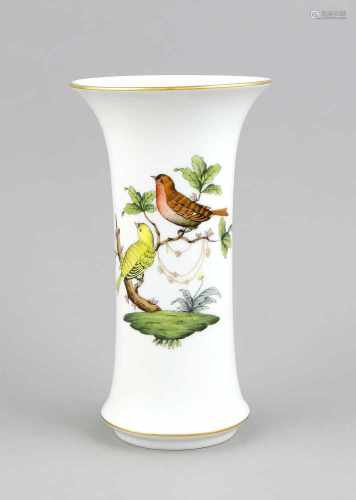 Stangenvase, Herend, Marke nach 1967, Dekor Rothschild, polychrome Vogel- undInsektenmalerei,