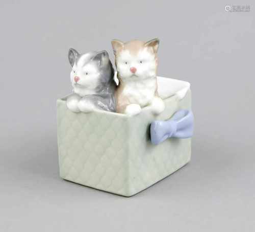 Zwei Kätzchen in einer Schachtel, Nao, Spanien, Ende 20. Jh., 2 Kätzchen aus einer Box mitDecke raus