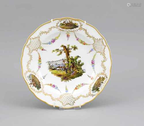 Bildteller, Meissen, Marke 1850-1924, 2. W., im Spiegel polychrome Malerei mit Jagdszene,in der