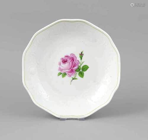 Runde Schale, Meissen, Marke 1924-34, 2. W., polychrome Blumenmalerei, Dekor Rote Rose,gelber