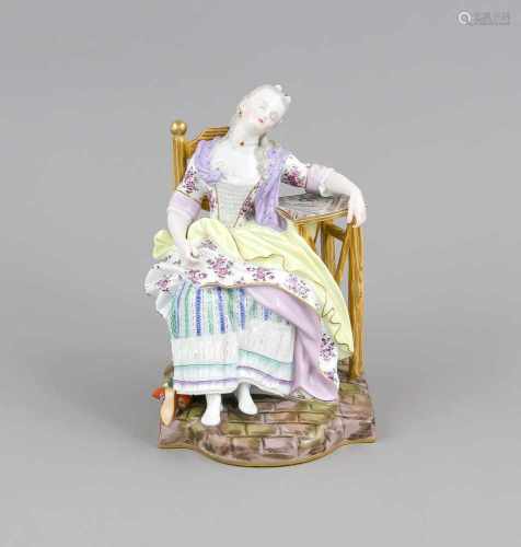 Der Liebesbrief, Meissen, Knaufmarke (1850-1924), junge Dame an einem Tisch sitzend,polychrome