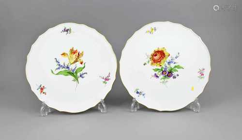 Zwei Tortenplatten, Meissen, um 1980, 1. W., polychrome Blumenmalerei, Dekor Blume 3 mitGoldrand,