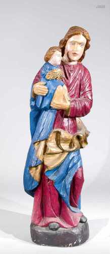 Heiligenfigur, 20. Jh., Standfigur Madonna mit Christuskind, vollplastisch geschnitzt undfarbig