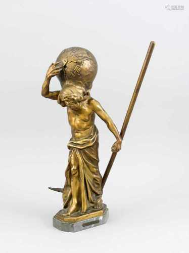 Bronze Chronos mit Weltkugel und Sense, die Weltkugel mit Uhr, mit röm. Ziffern, Zeigersind eine