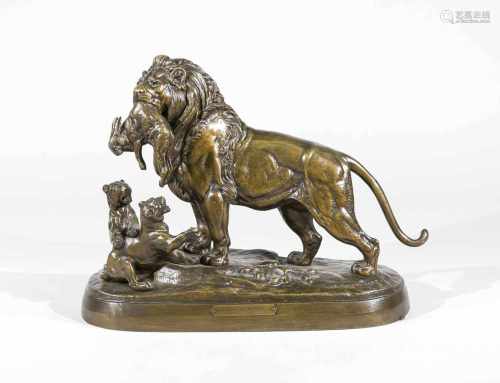 Paul-Edouard Delabrierre (1829-1912), frz. Tierbildhauer, große Figurengruppe eines Löwen,der seinen