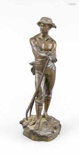 Charles Octave Levy (1820-1899), junger Bauer bei der Feldarbeit, braun patinierte Bronze,im Stand