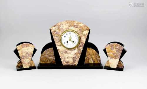Kamin-Uhrengarnitur, 3-tlg., Marmor schwarz/ beige/braun, Art Deco, geometrische Formen,weißes