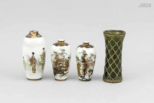 4 Vasen Japan, 20. Jh., 3 x Satsuma, 1 x monochrom grün mit Metallmontierung, bis 15 cm4 vases