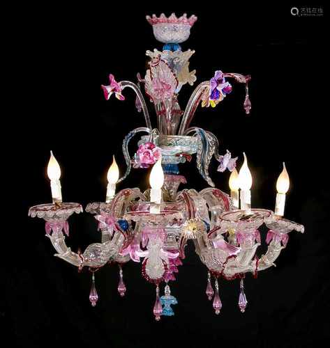 Murano-Deckenlampe, Italien, 2. H. 20. Jh., elektr., 6-flg., klares, farbiges und opalinesGlas,