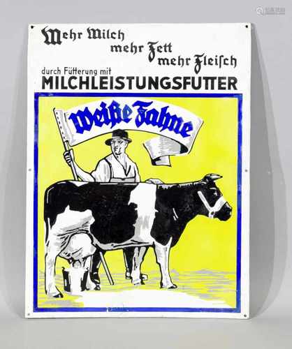 Emailleschild um 1920, Weiße Fahne Milchleistungsfutter, großes Werbeschild mit