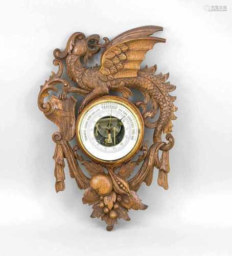 Barometer, Frankreich, Anfang 20. Jh., Teilweise durchbrochen gearbeiteterEichenholzrahmen mit