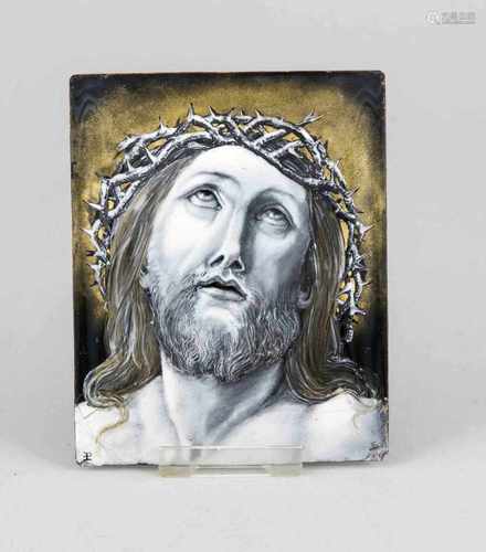 Emaillierte Kupferplatte, wohl 20. Jh., Frankreich (Limoges). Andachtsbild: Jesus mitDornenkrone,