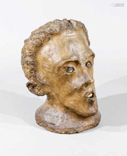 Anonymer Bildhauer 2. H. 20. Jh., überlebensgroßer Männerkopf mit erstauntem Blick, braunbemaltes