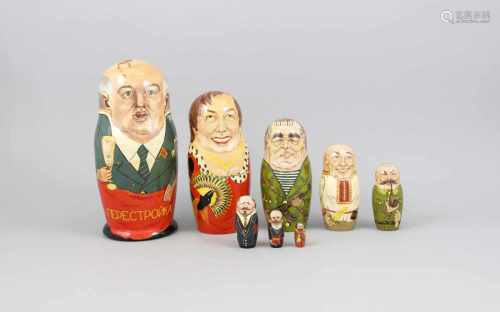 Matroschka mit 8 russischen Politiker-Karikaturen, 1990er Jahre, Holz, farbig gefasst,part. etwas