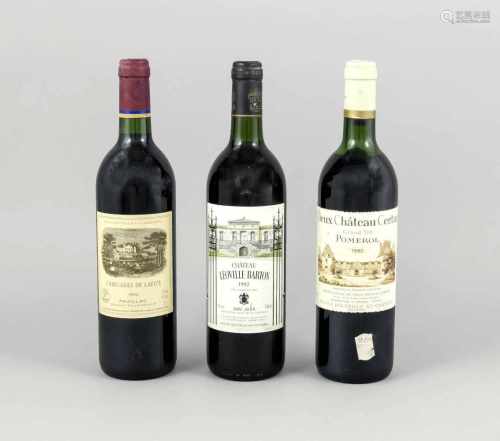 Drei Flaschen Wein, 1 x Vieux Chateau Certan, Grand Vin Pomerol 1990, 1 x Chateau LéovilleBarton