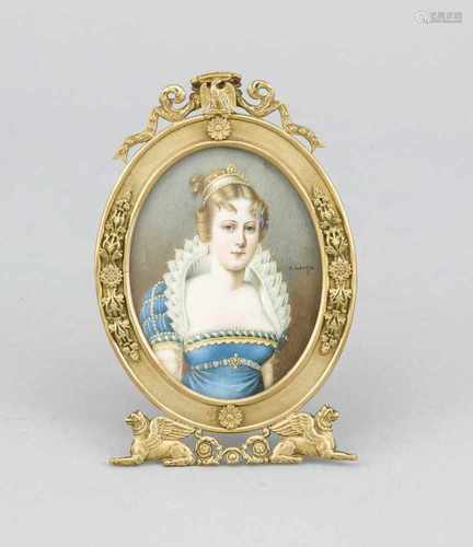 Miniatur in Bronze-Stellrahmen, 19. Jh., Portrait einer adeligen Dame (sign. A. Lonza),polychrome