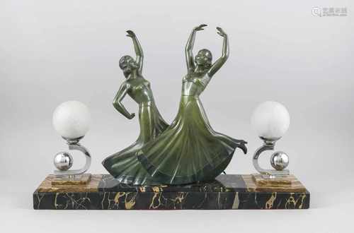 Art-déco-Lampe, Frankreich, 1920er Jahre, signiert H. Fuyère, rechteckiger Steinsockel