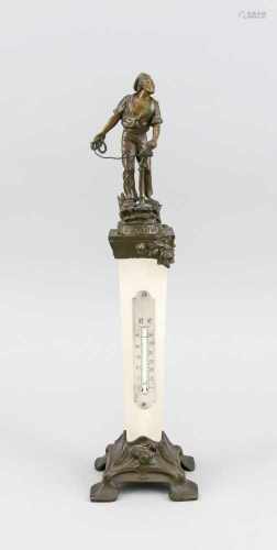 Thermometer an Alabaster-Postament, Frankreich, um 1900. Sockel auf 4 Füßen mitJugendstil-