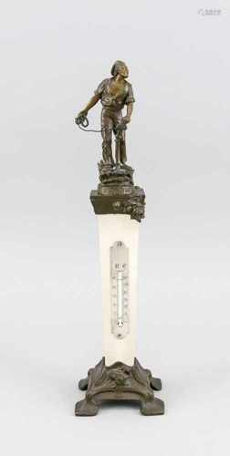 Thermometer an Alabaster-Postament, Frankreich, um 1900. Sockel auf 4 Füßen mitJugendstil-