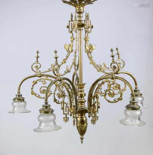 Große Jugendstil-Deckenlampe, um 1900, elektr., 5-flg., wohl ehemals Gaslampe, Messing, 5filigrane