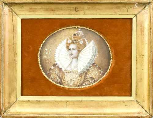 Miniatur Queen Elisabeth I., wohl 19. Jh., Tempera auf Beinplatte, hinter Glas gerahmt(