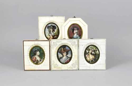 Konvolut 5 Miniaturen Haffke, Deutschland, 1. H. 20. Jh. Polychrome Malerei auf Beinplattein