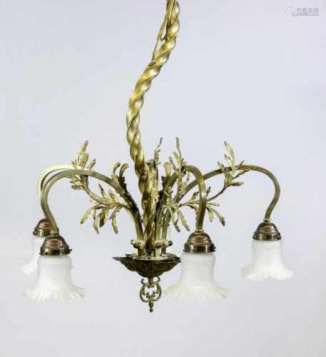 Ausgefallen Jugendstil-Deckenlampe, um 1900, elektr., 5-flg., Messing, spiralförmig insich gedrehter