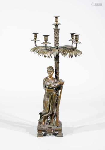Großer figürlicher Leuchter, wohl 20. Jh., dunkel patinierte Bronze, 5-flg., Araber undPalme, H.82