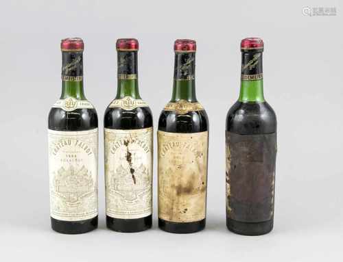 Vier 0,5 L-Flaschen 1953er Chateau Talbot, Bordeaux. Jubiläumswein 125 Jahre Reidemeisterund